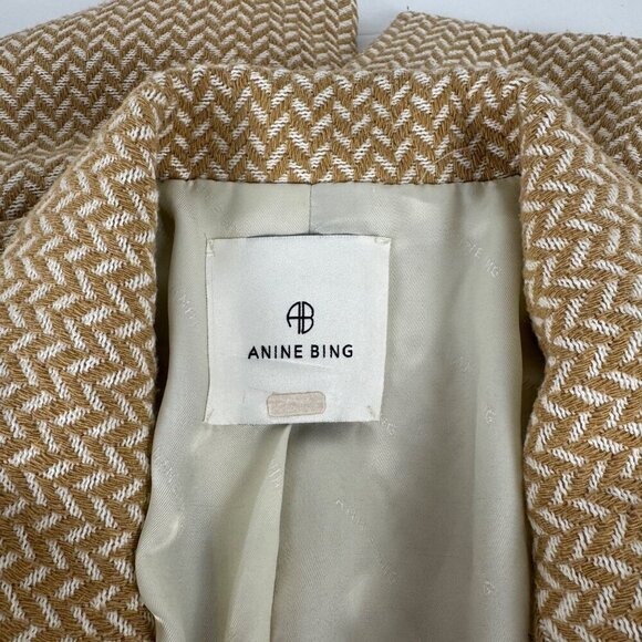 Anine Bing Fishbone Blazer Hearringbone Size Lrg Tan Cream Career Classic Wool - Picture 11 of 15